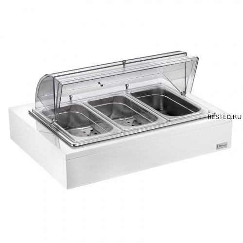 Мармит настольный (чефиндиш) GN1/1 с крышкой Roll Top c 3мя GN1/3 п/к на дерев.подставке, цвет белый